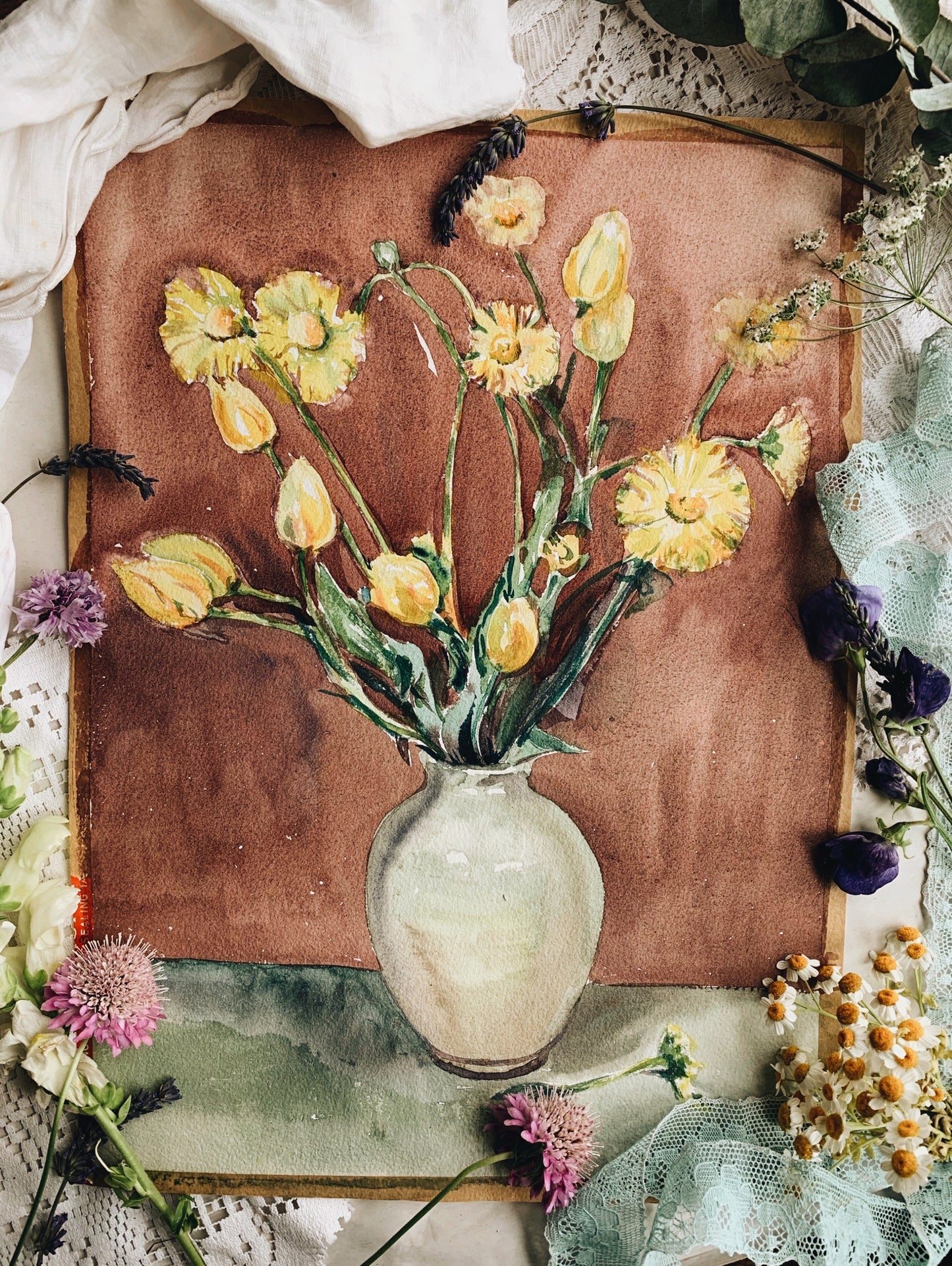Vintage 1950’s Floral Watercolour Blooms in Vase Painting