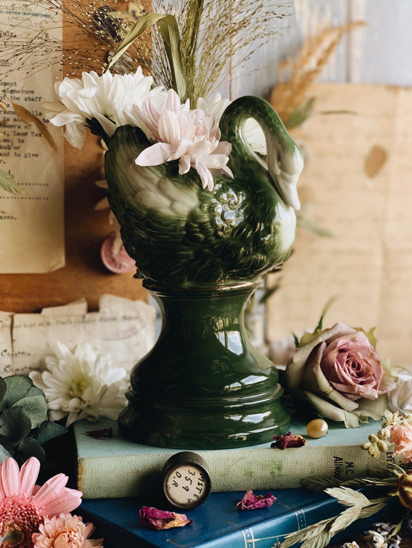 Antique Swan Green Vase with Gilt Detailing