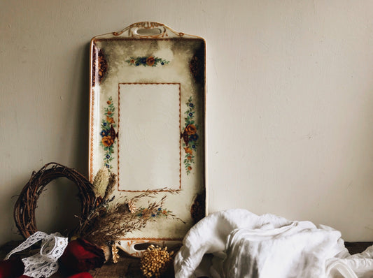 Vintage Ironstone Ivory Ceramic  Floral Tray
