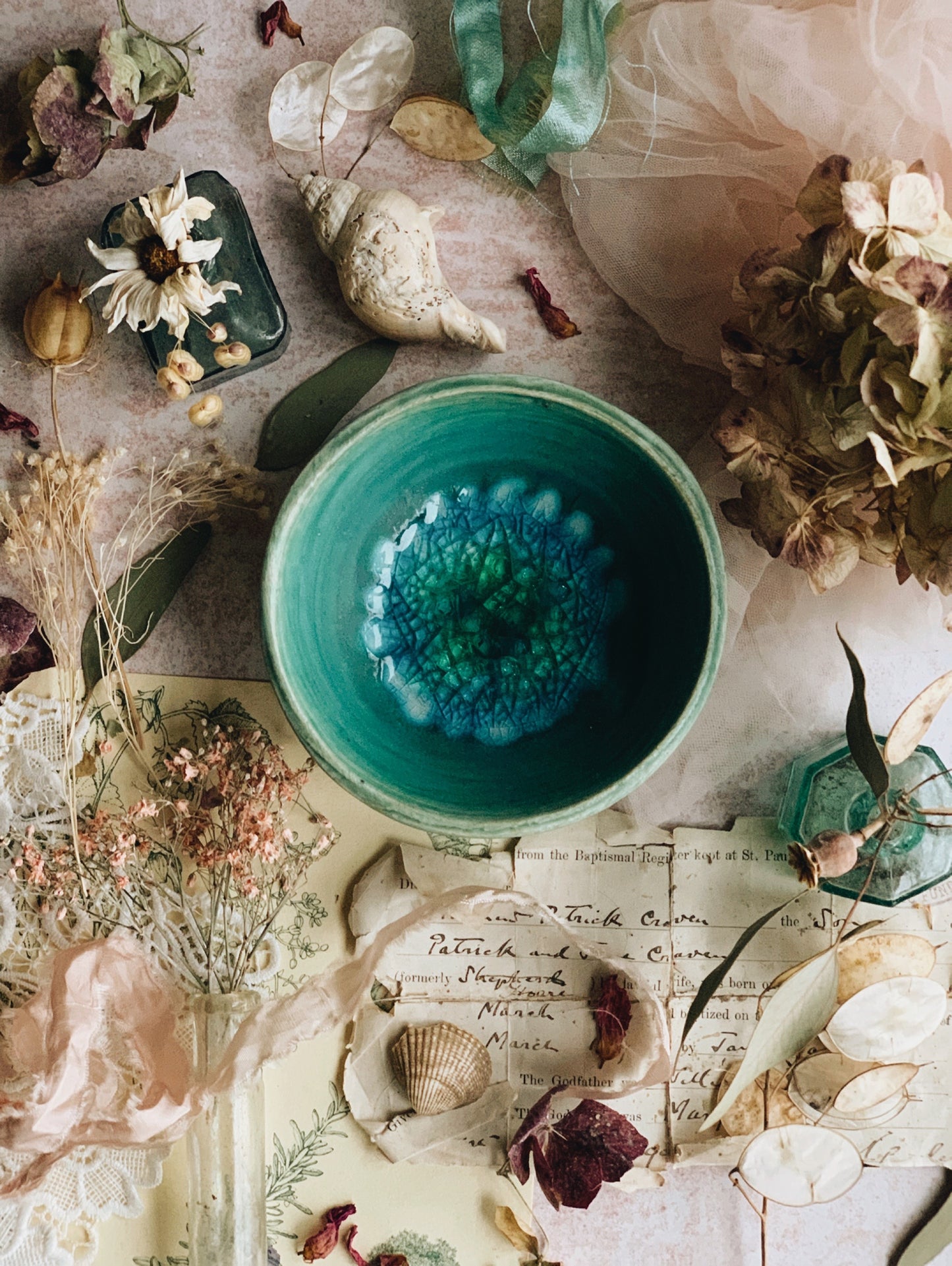 Hand~thrown Turquoise Bowl with Glazed Detailing.