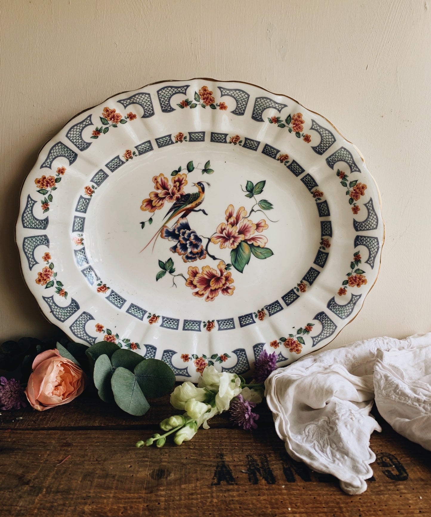 Large Antique Decorative Paradise Bird Serving Platter