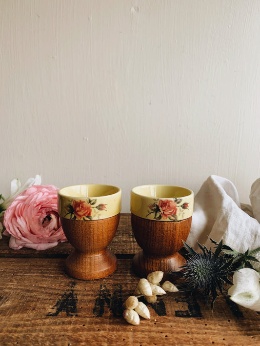 Four Vintage Wooden Egg Cups with Rose Ceramic detailing