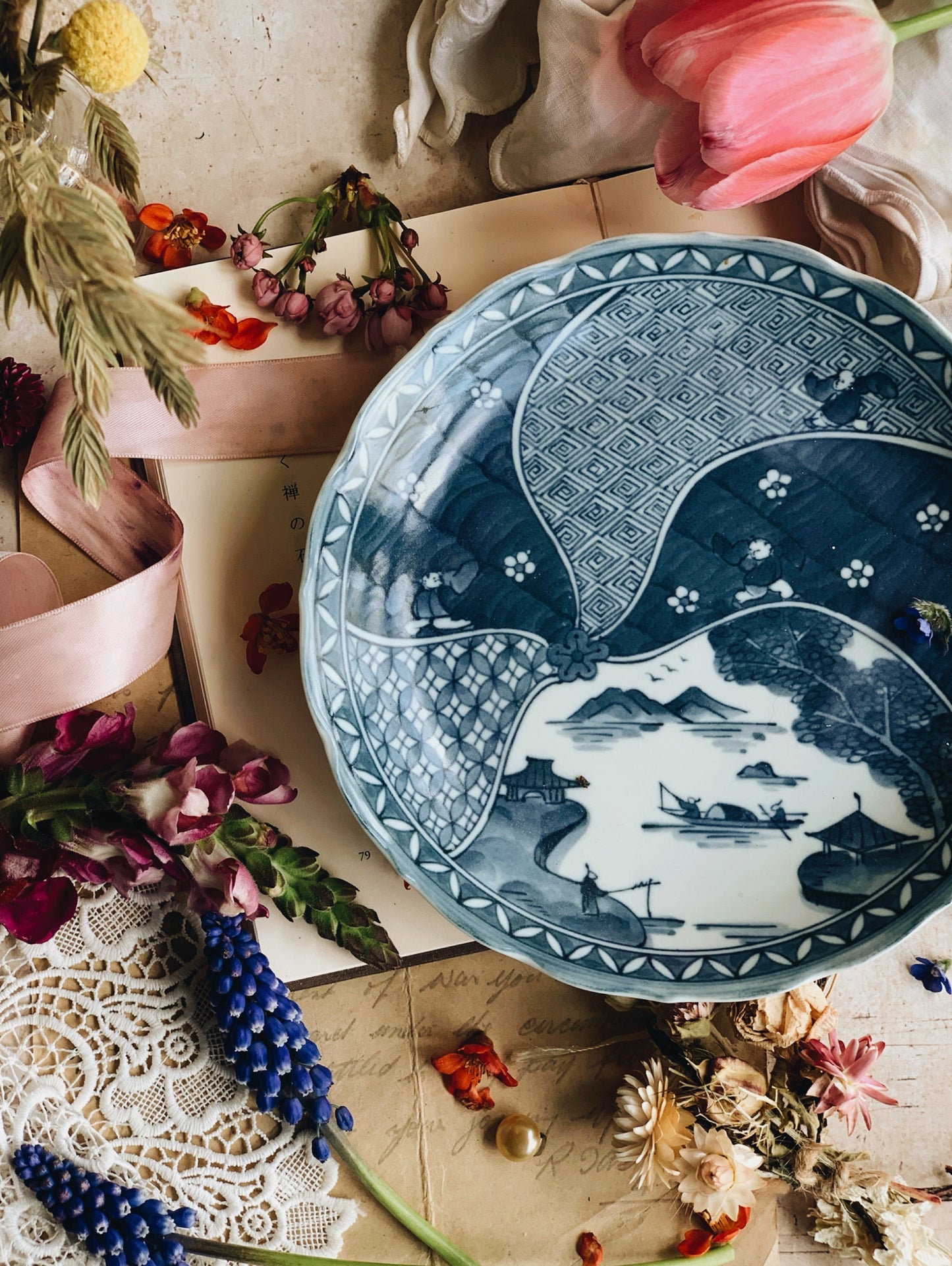 Vintage Blue Narrative Oriental Plate
