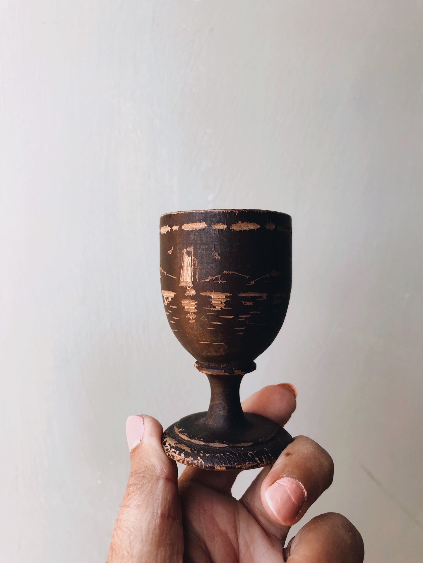 Vintage Engraved Wooden Egg Cup