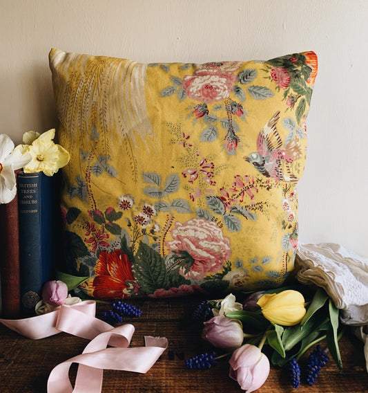 Vintage Yellow Floral Bird Cushion (one available and sold separately UK SHIPPING ONLY)