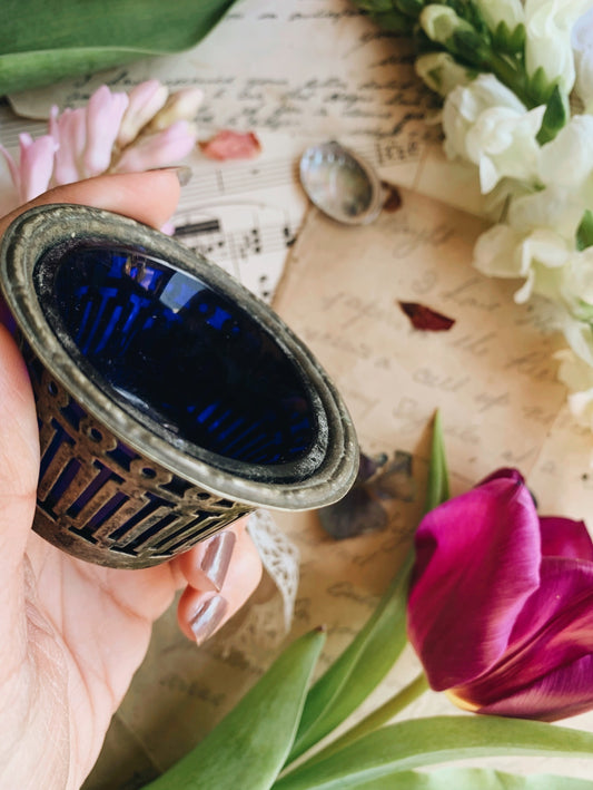 Antique Cobalt Blue Lined Silver Caviar Pot