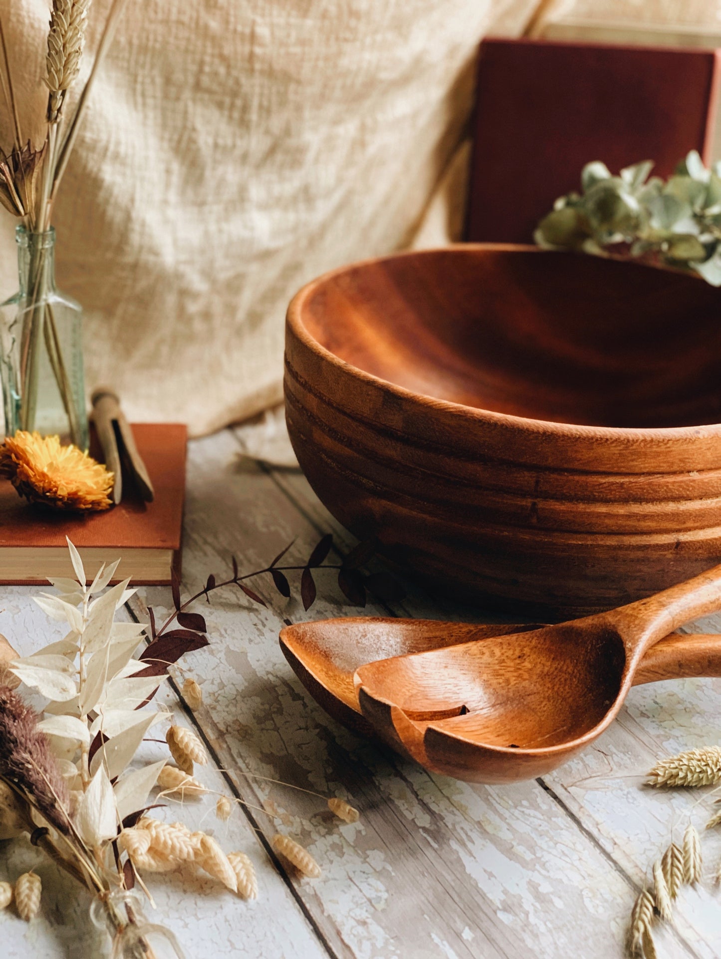 Large Rustic Wooden Bowl with Spoon & Fork (UK SHIPPING ONLY)