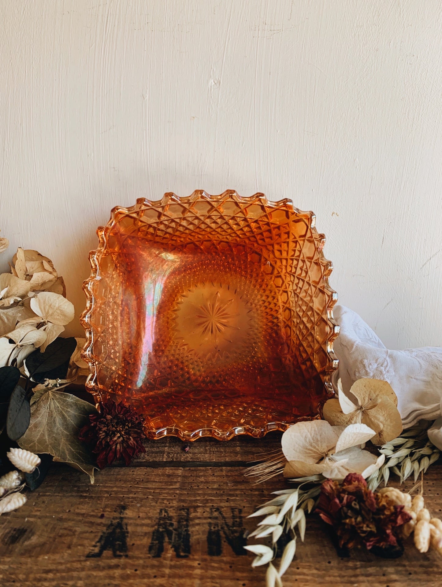 Vintage Iridescent Orange Decorative Glass Dish
