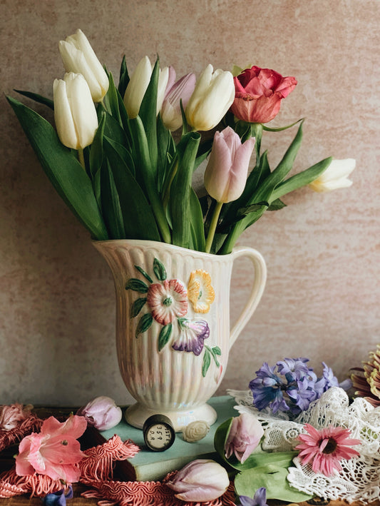 Vintage Floral Relief Iridescent Glaze Jug / Vase