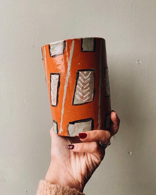 Rustic Hand~made Terracotta Vase with Patterned Detailing