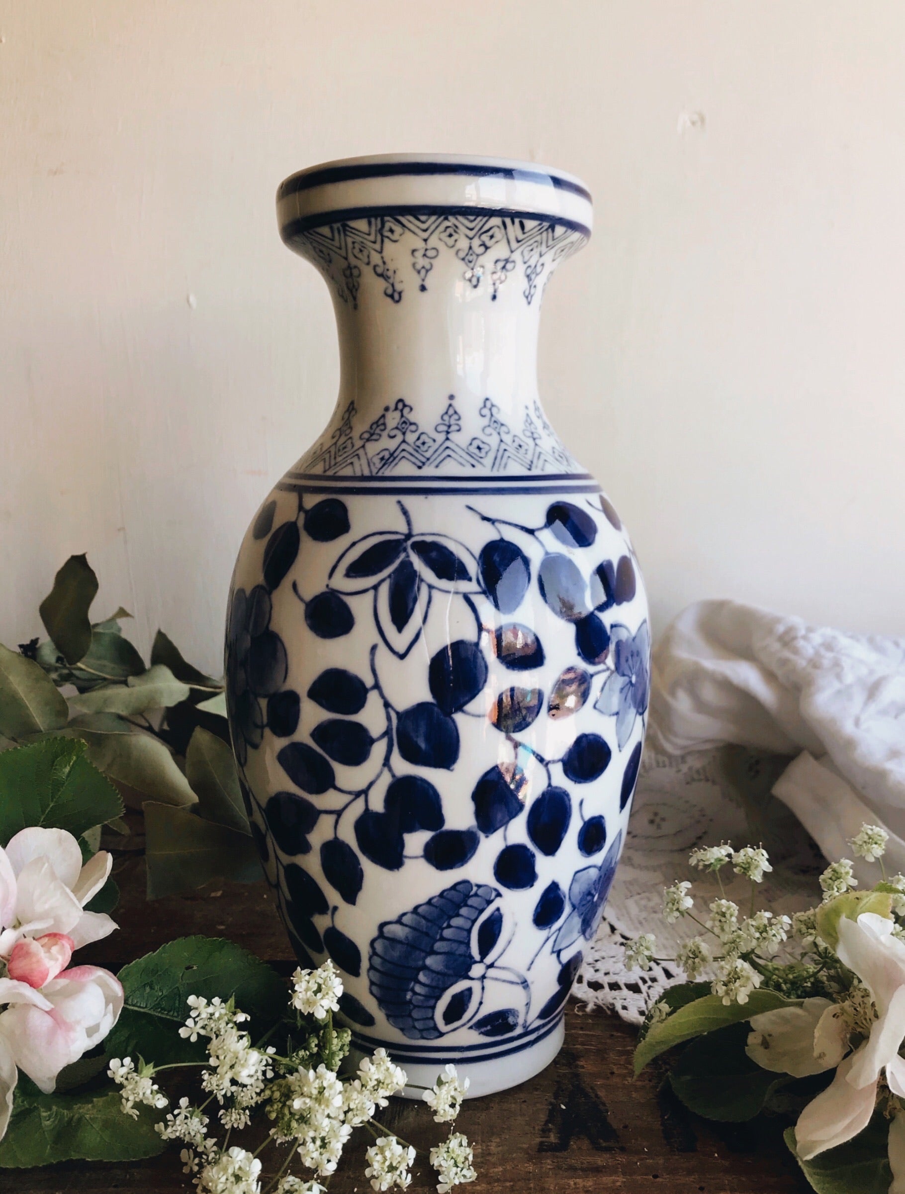 Vintage Blue & White Floral White Vase - Stone & Sage 