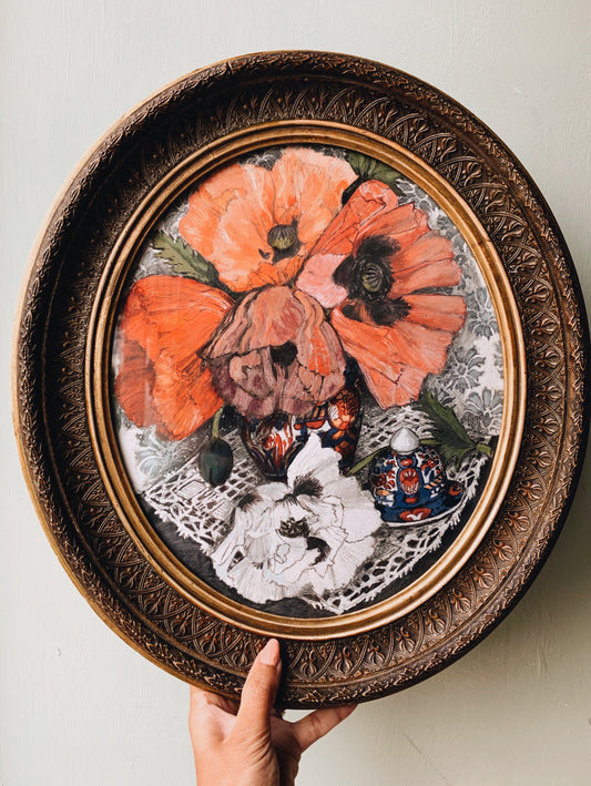 Antique Poppy Mixed Media Art in Wooden Frame