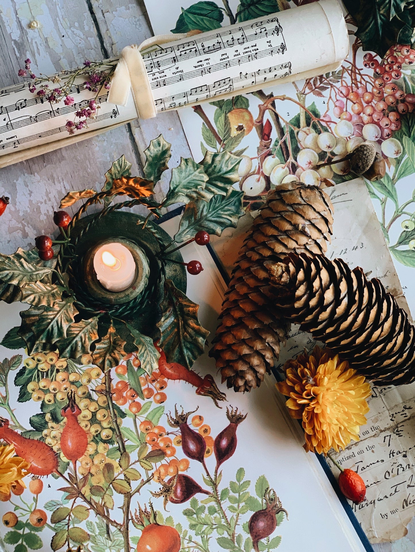 Two Vintage Kitsch Metal Holly & Berry Candle Holders