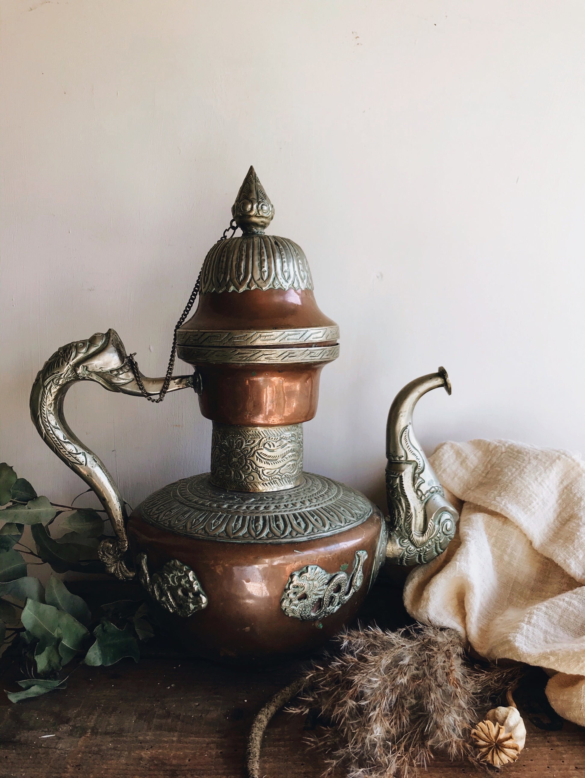 Antique Extra Large Copper & Brass Decorative Coffee Pot - Stone & Sage 