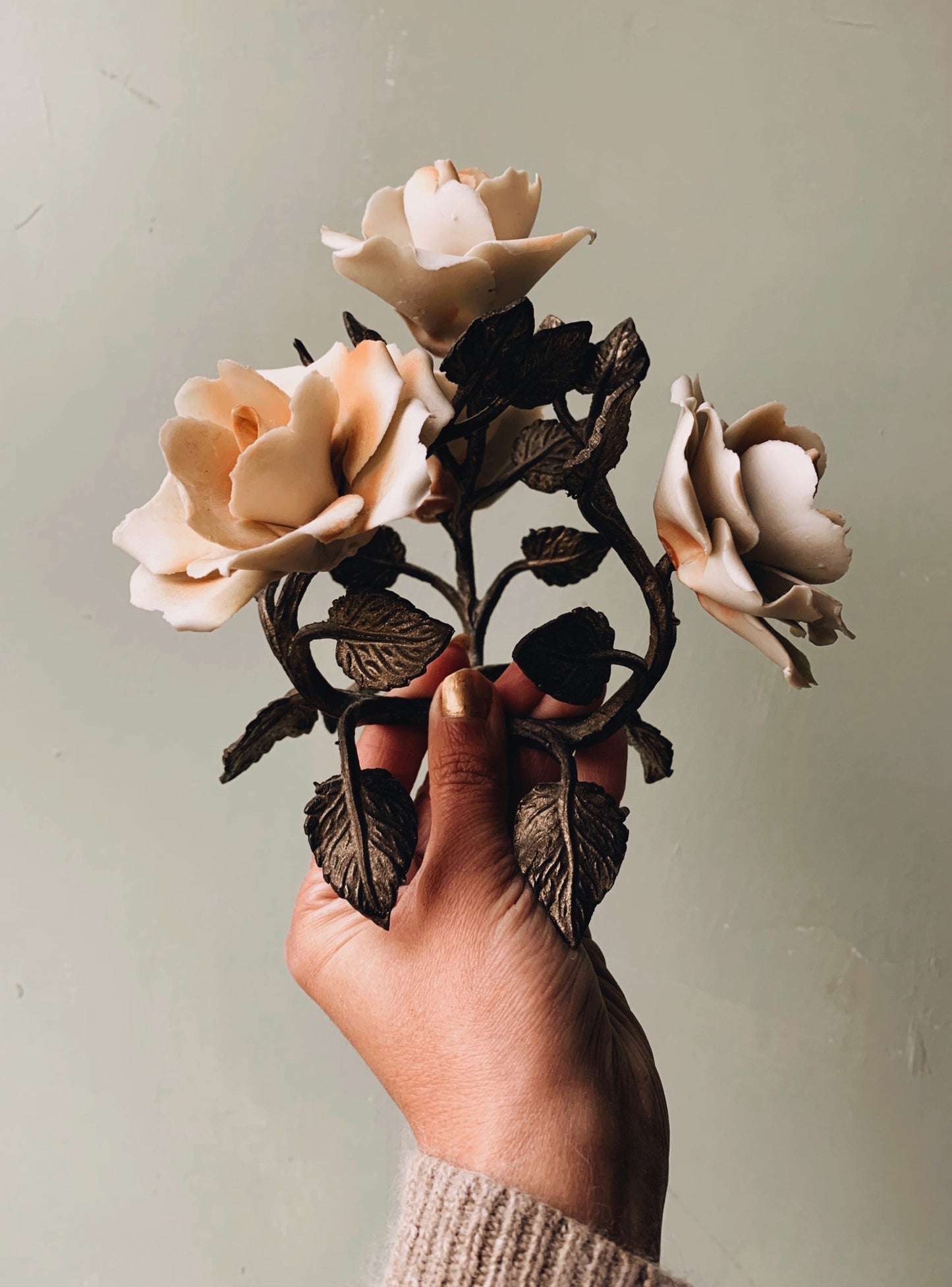 Vintage Hand-cast Porcelain Rose Metal Ornament