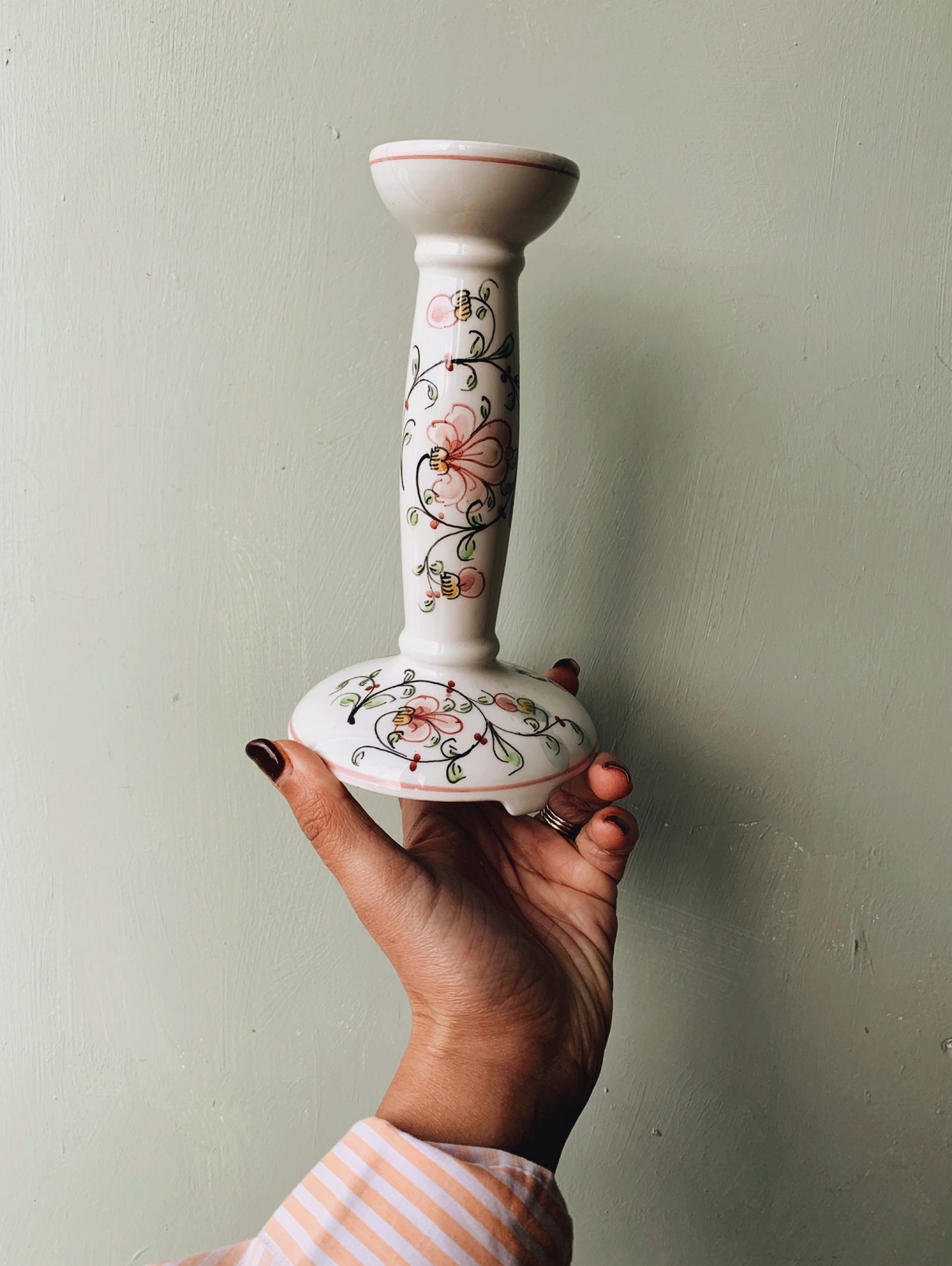 A Pair of Vintage Hand~painted Floral Ceramic Candle Sticks