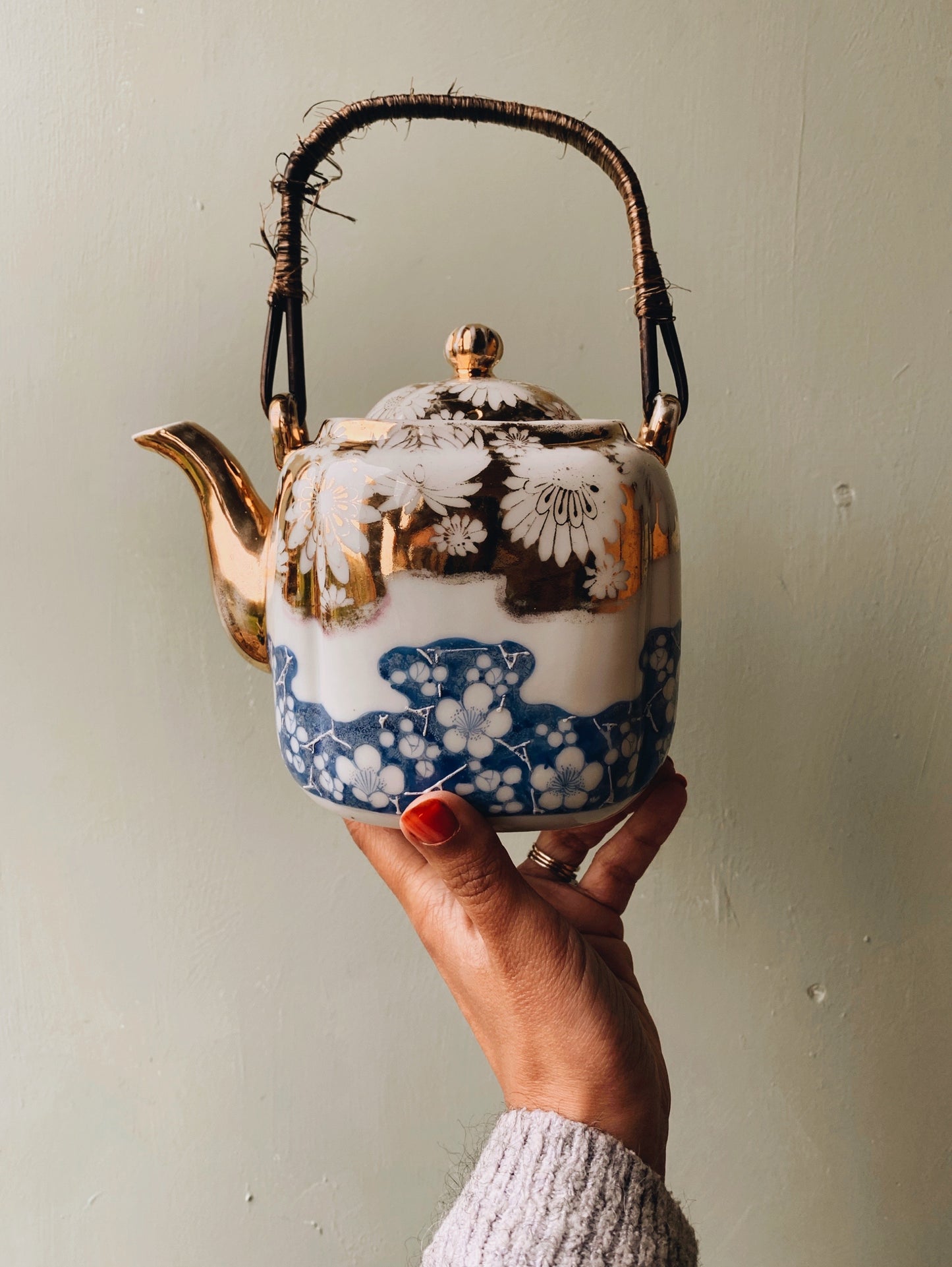 Antique Porcelain Floral Decorative Teapot with Wicker Handle