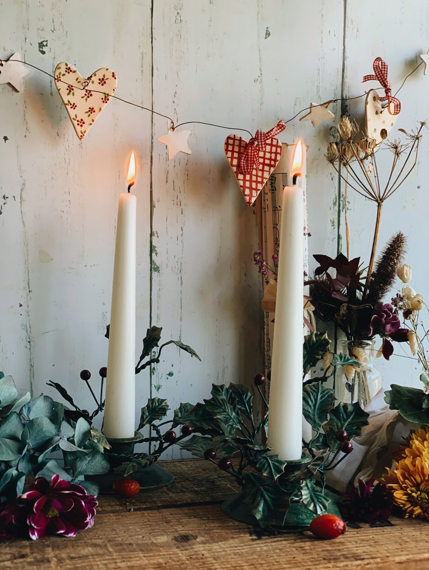 Two Vintage Kitsch Metal Holly & Berry Candle Holders