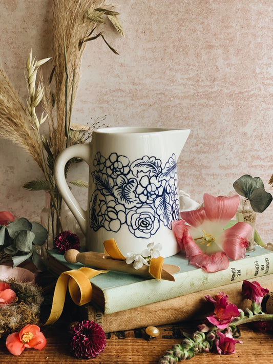 Rustic White Jug with Blue Florals Hand~painted