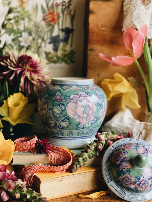 Antique Ming Green & Pink Floral Ginger Jar