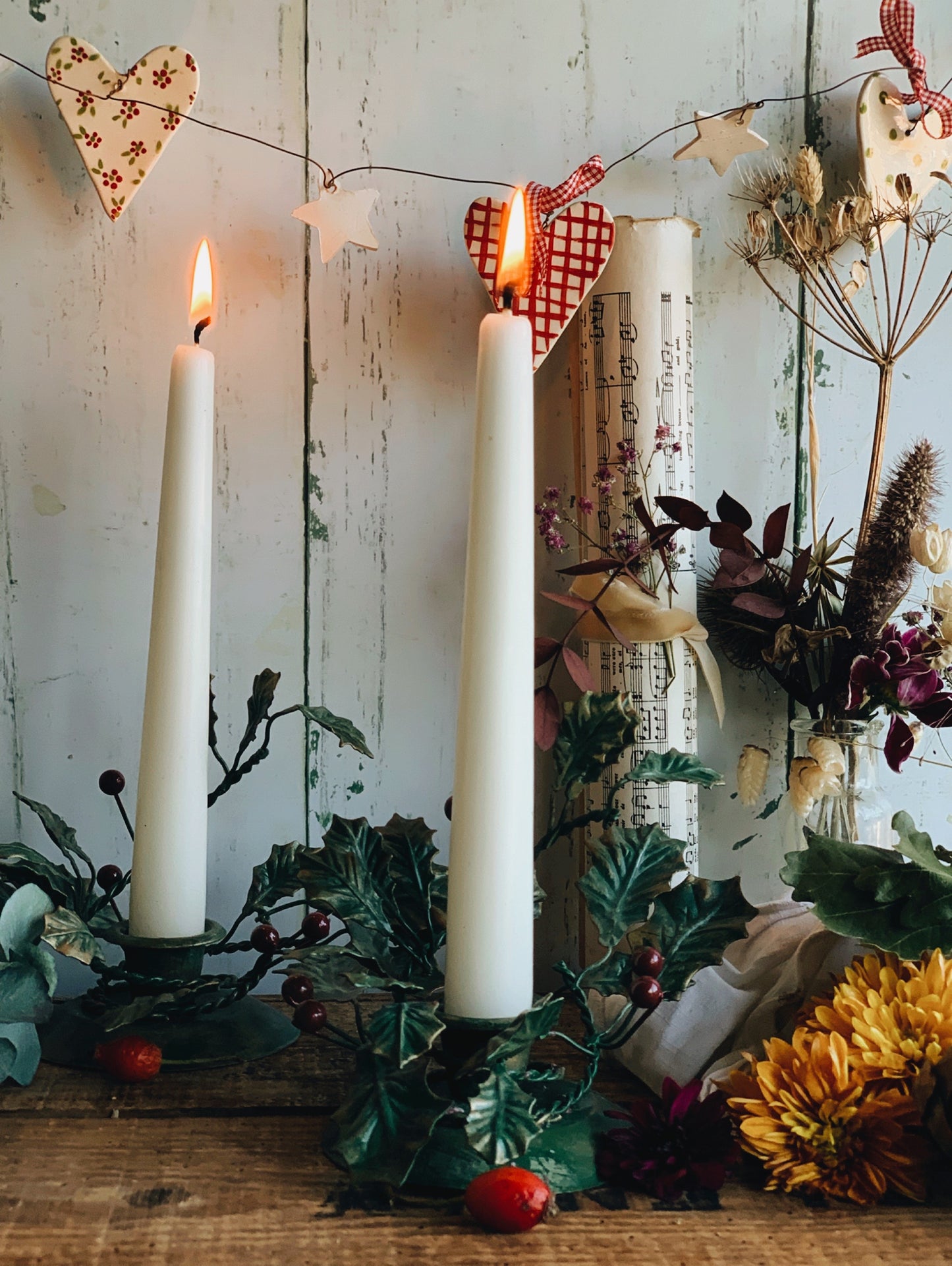 Two Vintage Kitsch Metal Holly & Berry Candle Holders