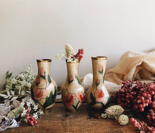 Trio of Vintage Brass Enamel Floral Posy Vases (mixed shapes)