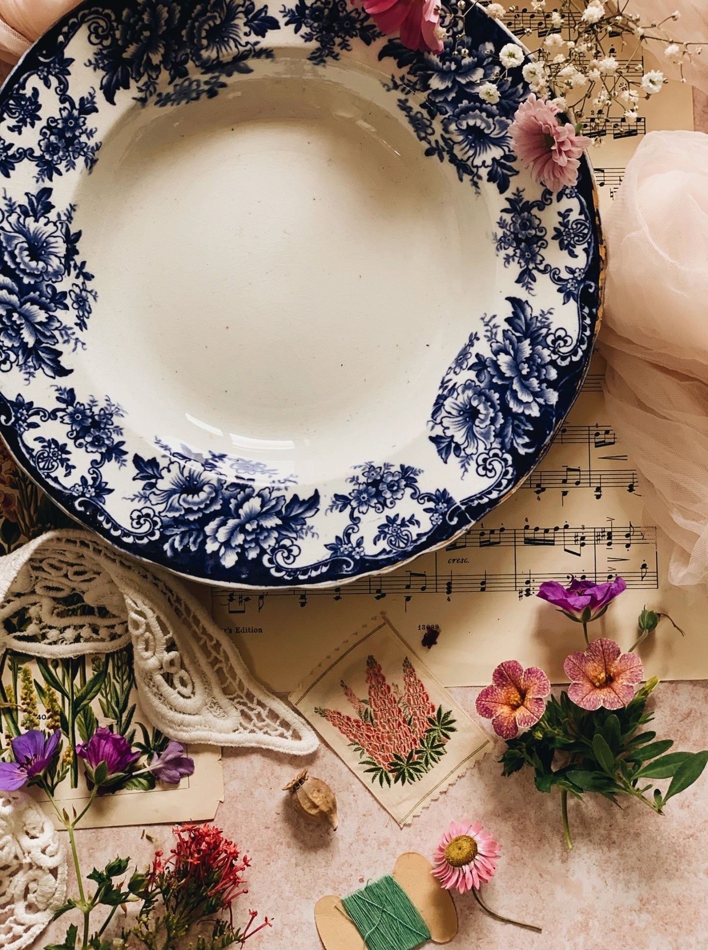 Antique Early 1900’s Blue Floral Supper Bowl