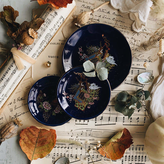 Three Vintage Cobalt Blue Oriental Plates (different narratives)
