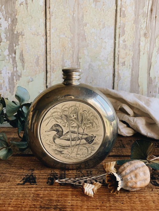 Vintage Stamped Pewter Hip Flask Adorned by Duck and Monogrammed 𝓜𝓦𝓡𝓨