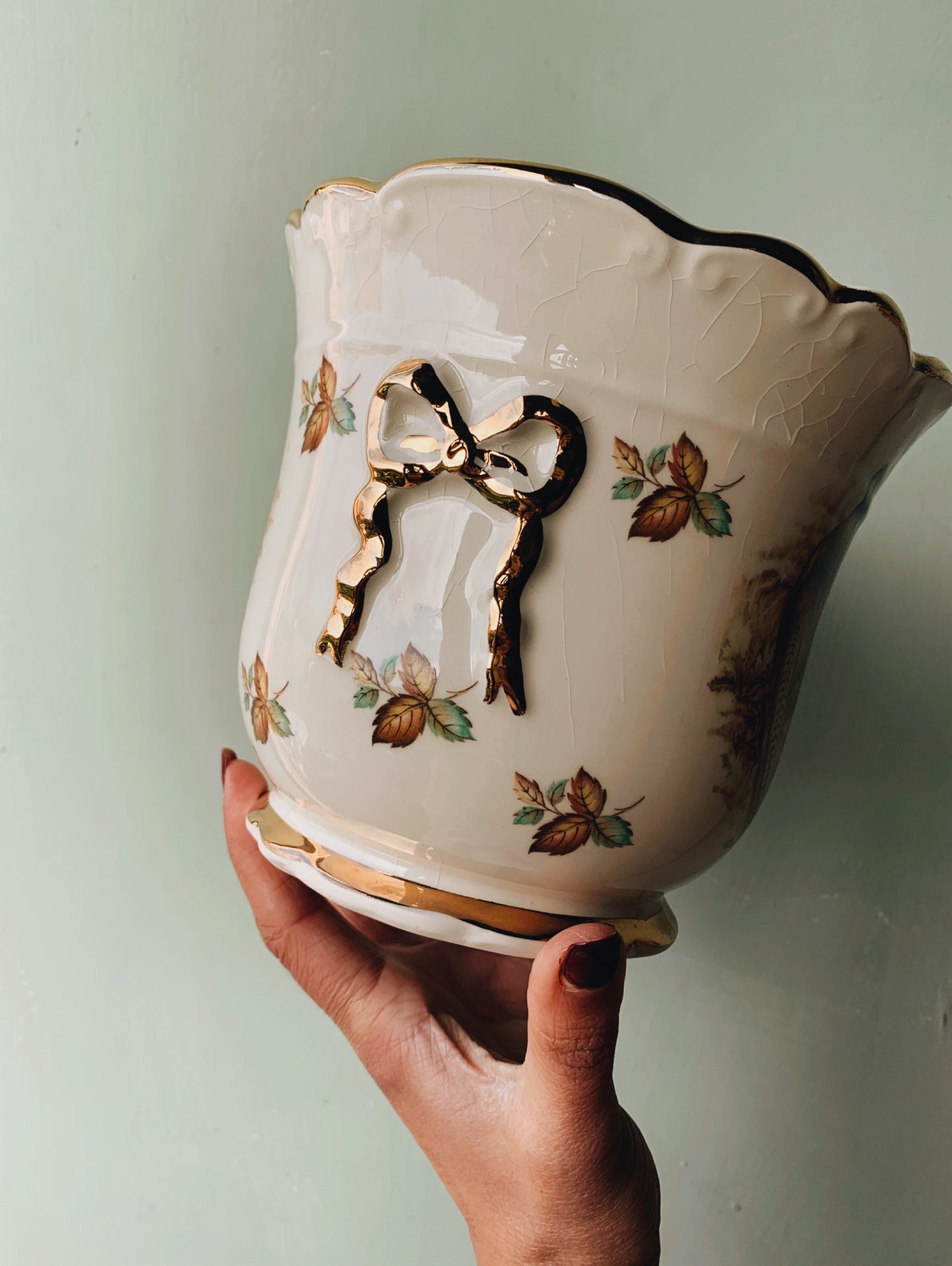 Antique Staffordshire Pheasant Gilt Adornment Plant Pot / Dish