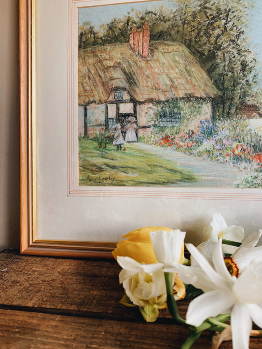 Vintage Signed “summer cottage” Oil Pastel (UK SHIPPING ONLY)