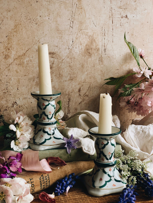 Vintage Green & Pink Botanica Ceramic Candle Stick Holders
