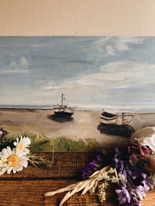 Rustic Sea & Boats Painting on Board