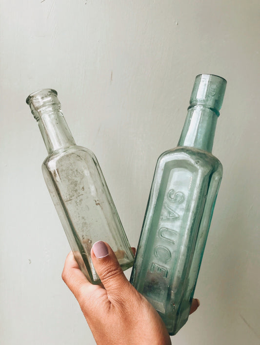 Two Large Vintage Blue & Green Condiments Bottles