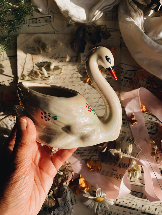 Vintage Small Swan Planter with Floral Detailing (iridescent glaze and two available)