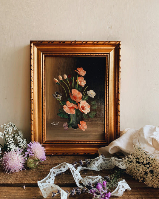 Vintage Rossi Pink Blooms Oil Painting