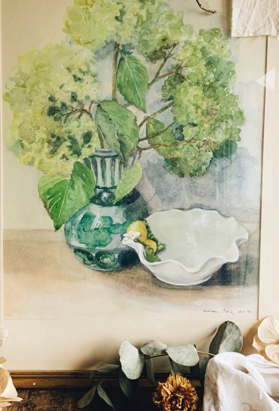 Fine Art Painting Framed and Signed ~ Billowing Blooms in vase and Shell Dish (UK shipping ONLY)
