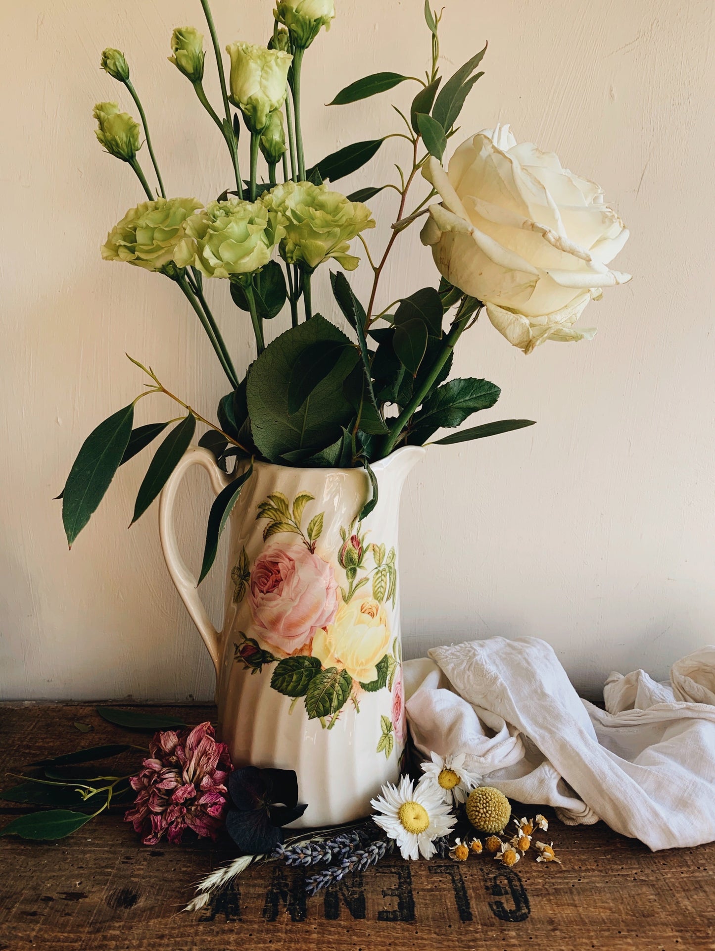 Antique Rose Scalloped Ironstone Vase