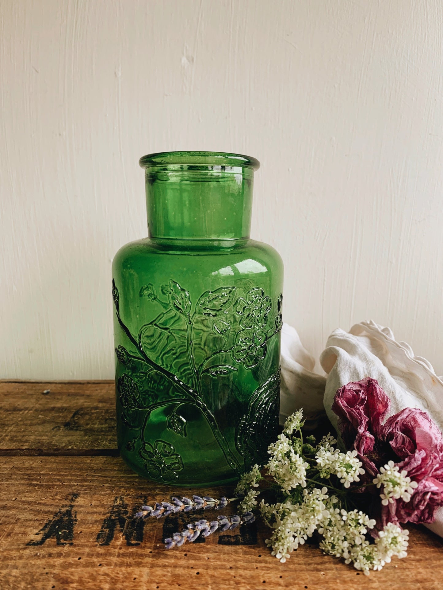 Large Vintage Green Floral Relief Bottle
