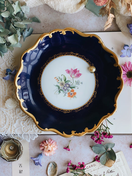 Vintage Floral, Gilt & Cobalt Blue European Plate