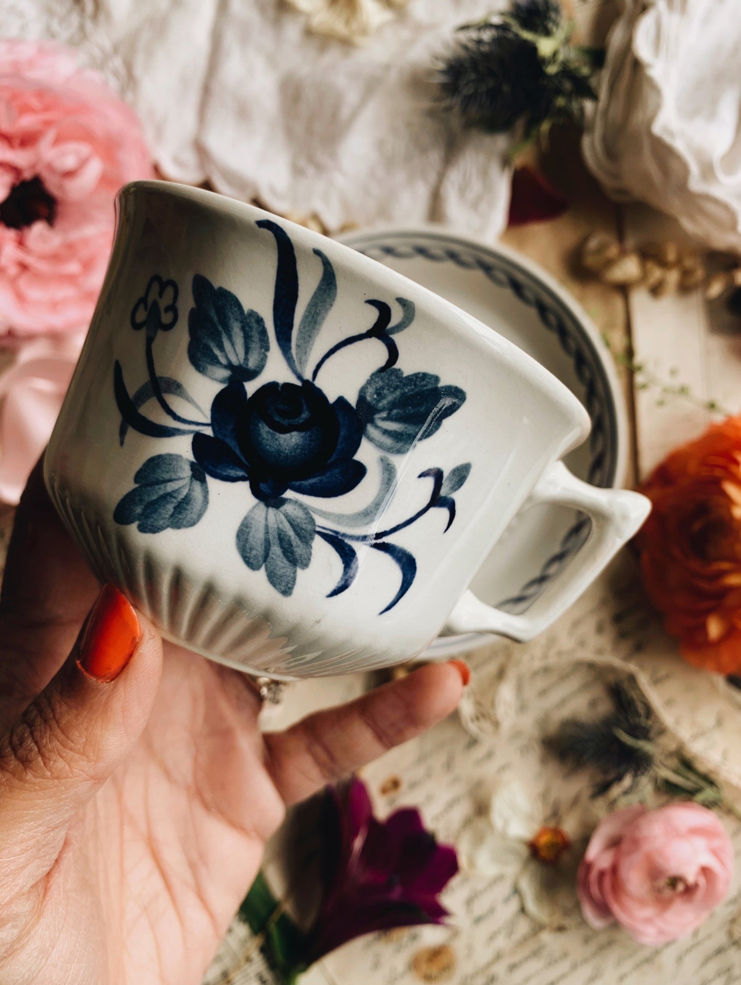 A Set of Vintage Ironstone Blue Rose Cup & Saucer with Scalloped Detailing ( six sets available)