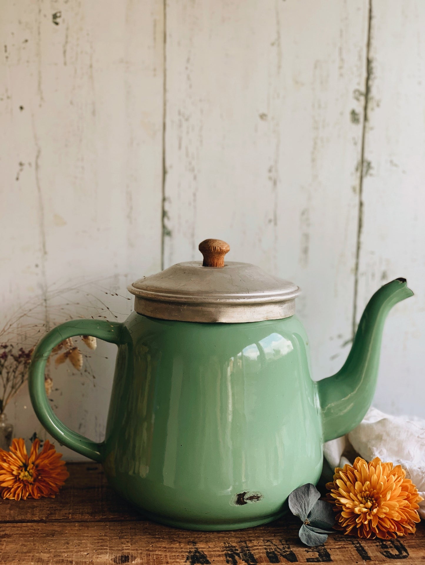Rustic Vintage Green Enamel Teapot