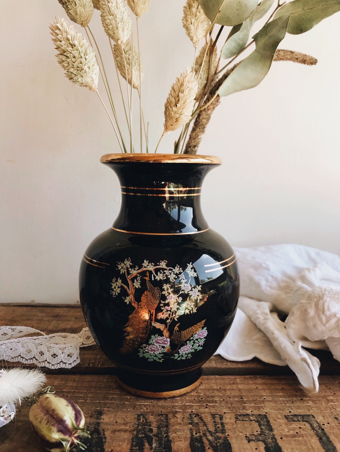 Vintage Greek Decorative Peacock Gold & Black Vase