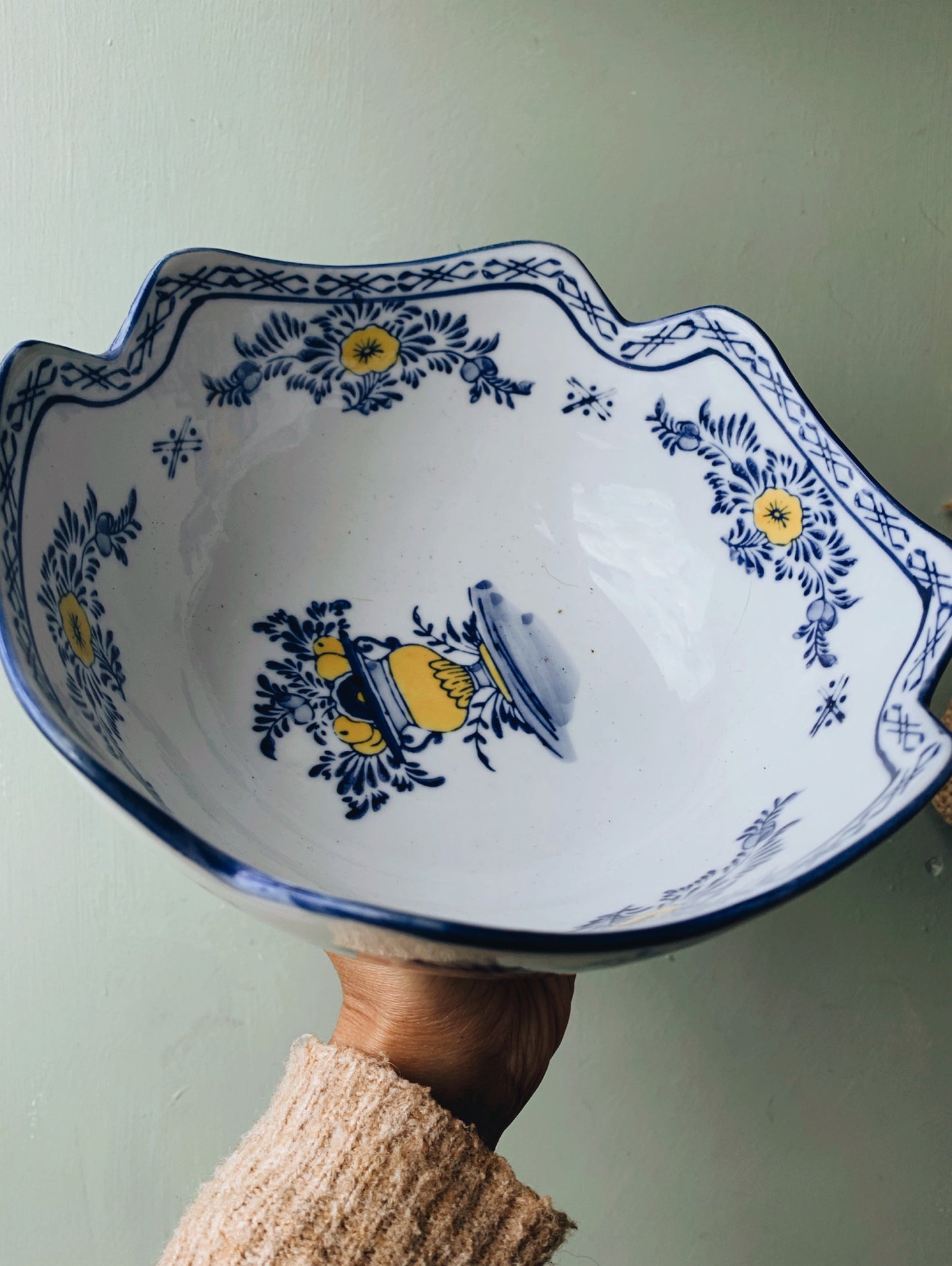 Rustic Hand~painted European Blue & Yellow Large Bowl