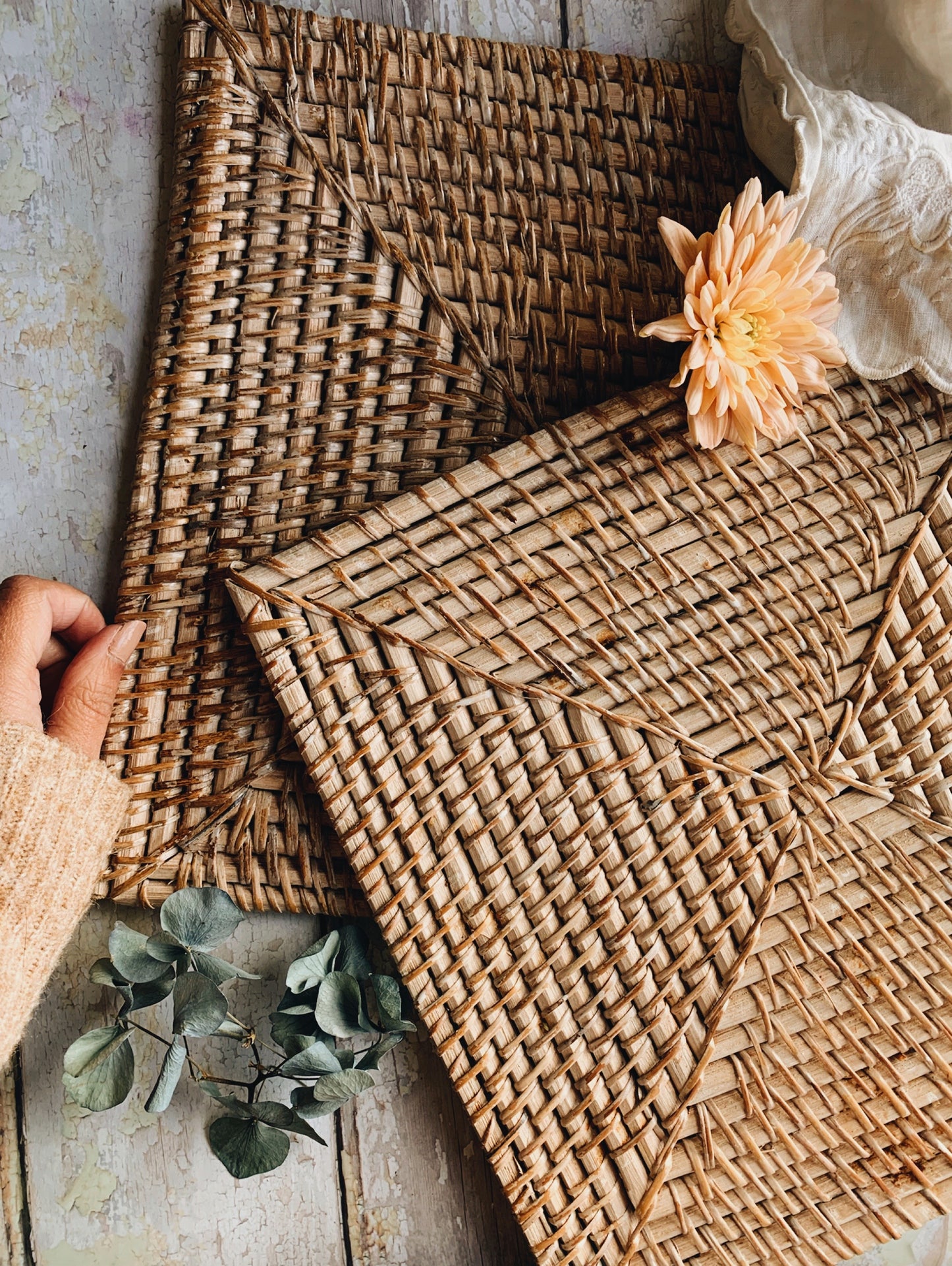 Large Vintage Wood & Wicker placemats (six available sold separately)
