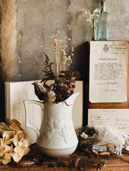 Antique White Fruits & Bloom Jug \ Vase