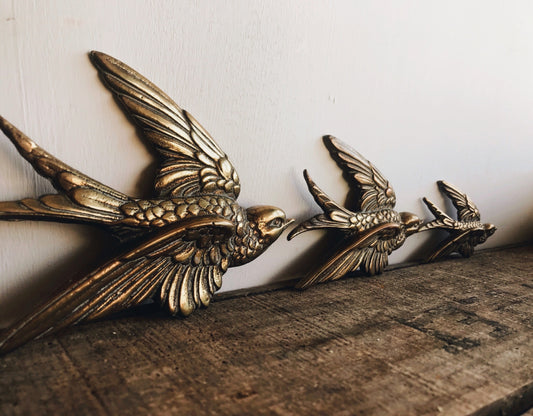A Set of Three Vintage Flying Brass Swallows - Stone & Sage 
