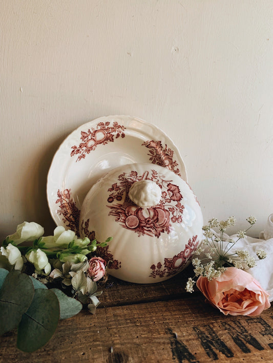 Vintage Masons Pink Floral & Fruits Cheese & Butter Dish with Top