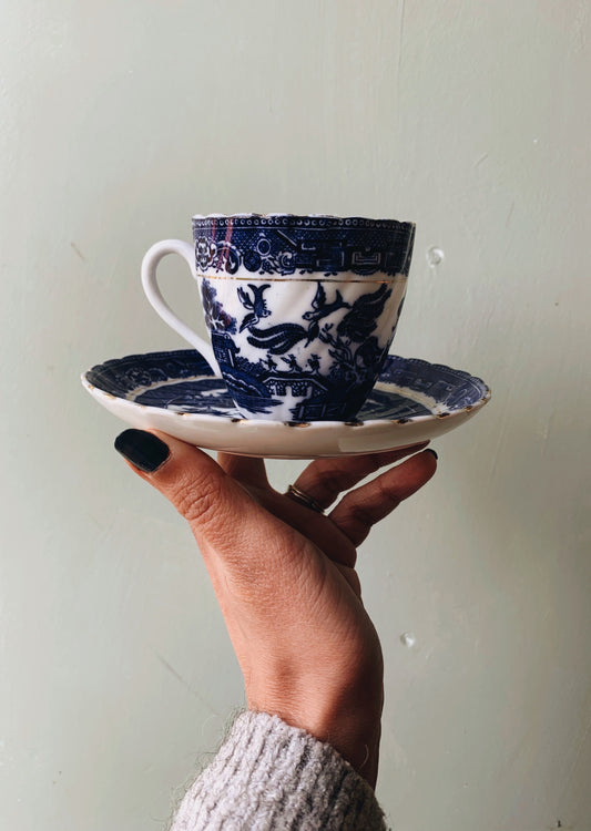 Vintage Early 1900’s Blue & White Floral Cup & Saucer