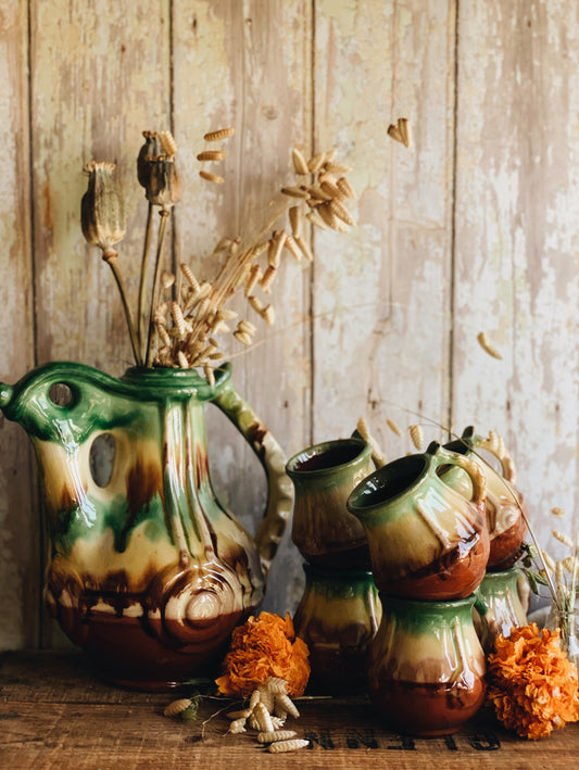 Rustic Terracotta Multi~Glaze Pitcher & Six Cups (UK SHIPPING ONLY)